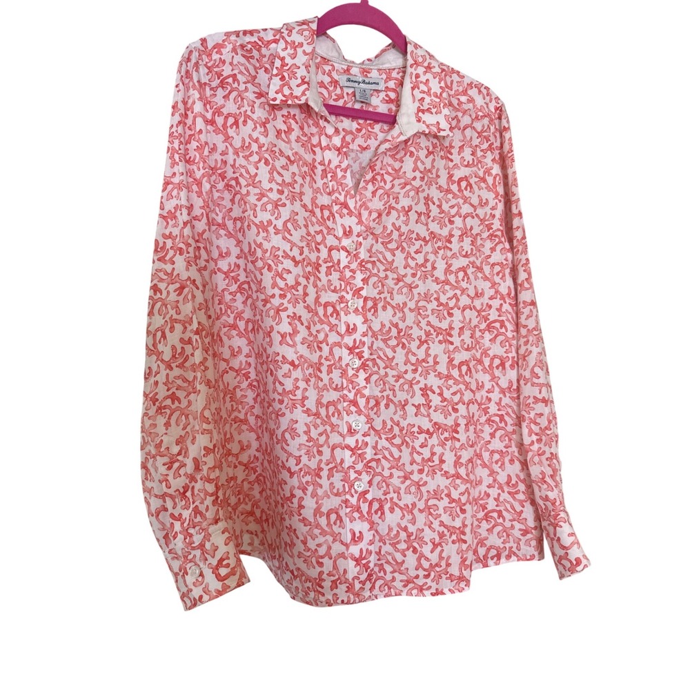 Tommy Bahama Womens Large Linen Blend Coral Reef Print Button Up Shirt Orange. L - Picture 10 of 12
